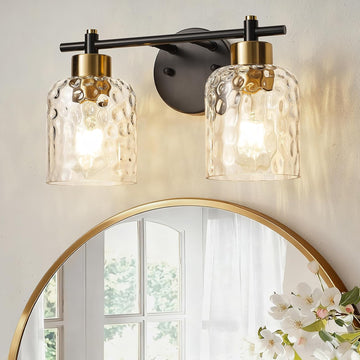 2 Light Black and Brass Vanity Light with Hammered Glass over Mirror Makeup | 13.7" Black and Gold Farmhouse Bathroom