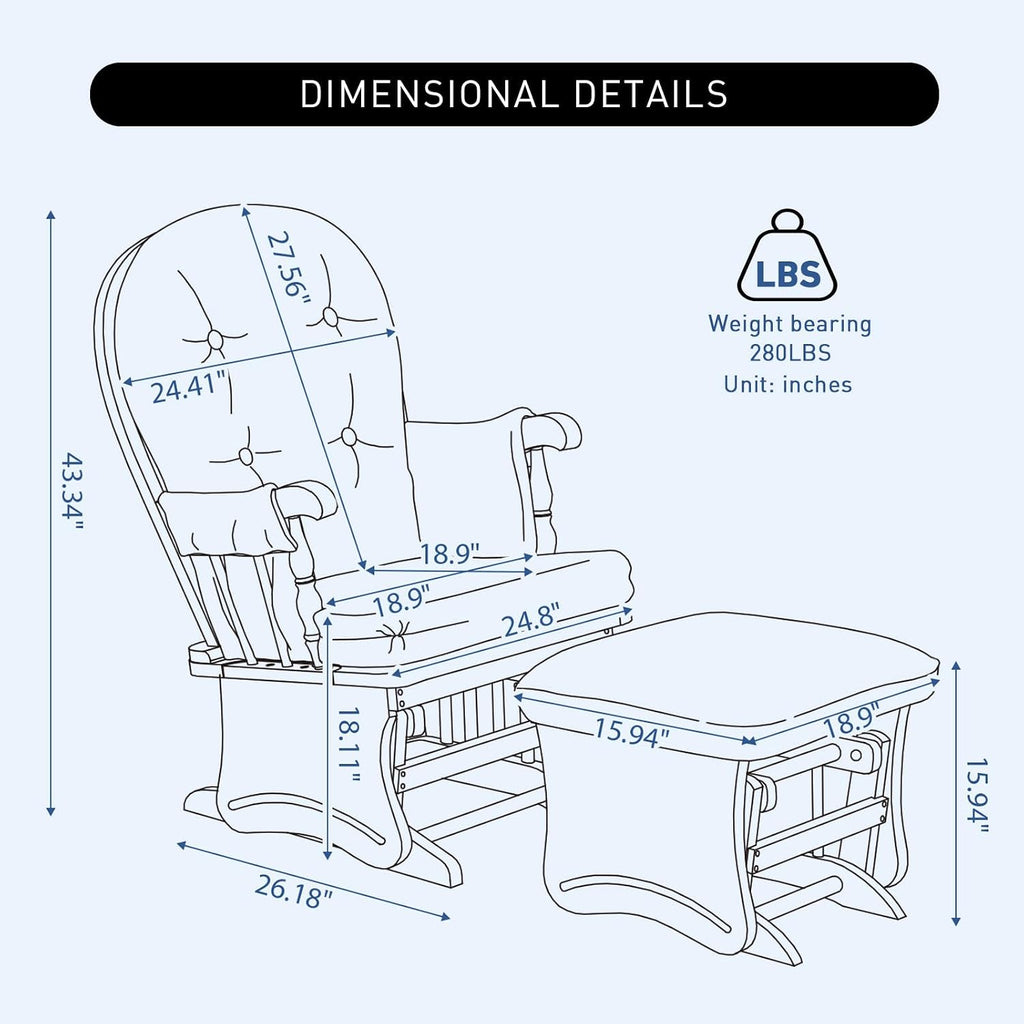 Glider Rocking Chair Nursery with Ottoman Smooth Rocking Motion, Easy to Assemble, Solid Hardwood Base Indoor