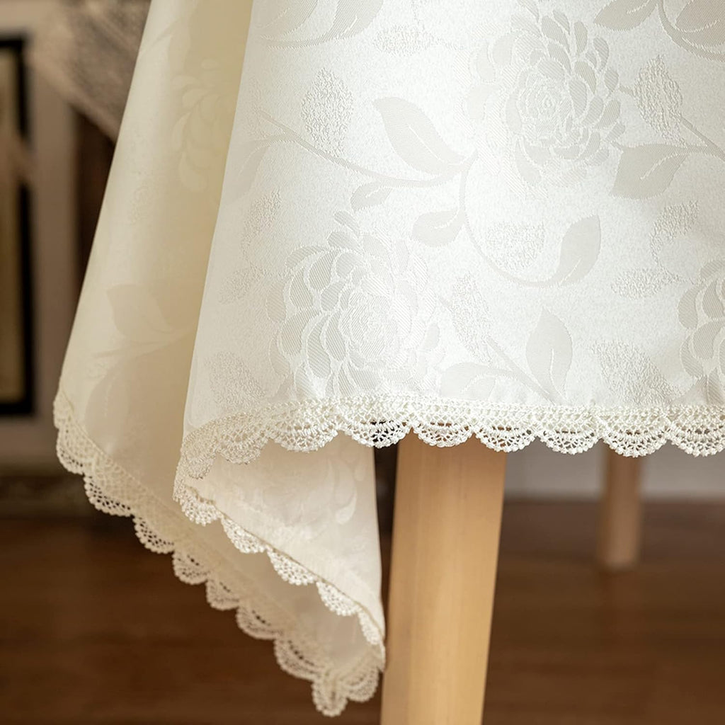 Rose Jacquard Textured Tablecloth Waterproof Spillproof Lace Trim Rectangle Table Cloth, Oblong Tabl
