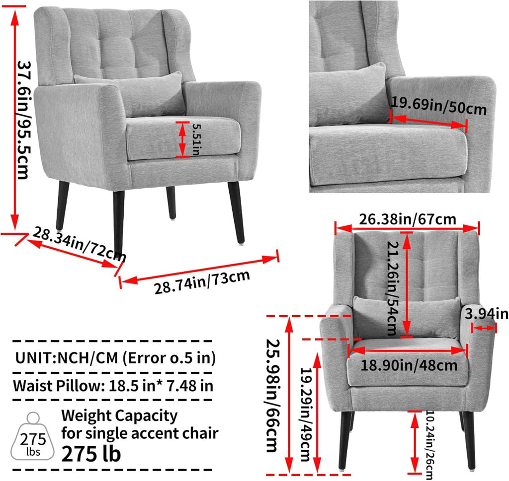 Modern Accent Chair Chenille Armchair with Pillow, Upholstered Arm Chairs with Solid Wood Legs, Soft Padded Lounge