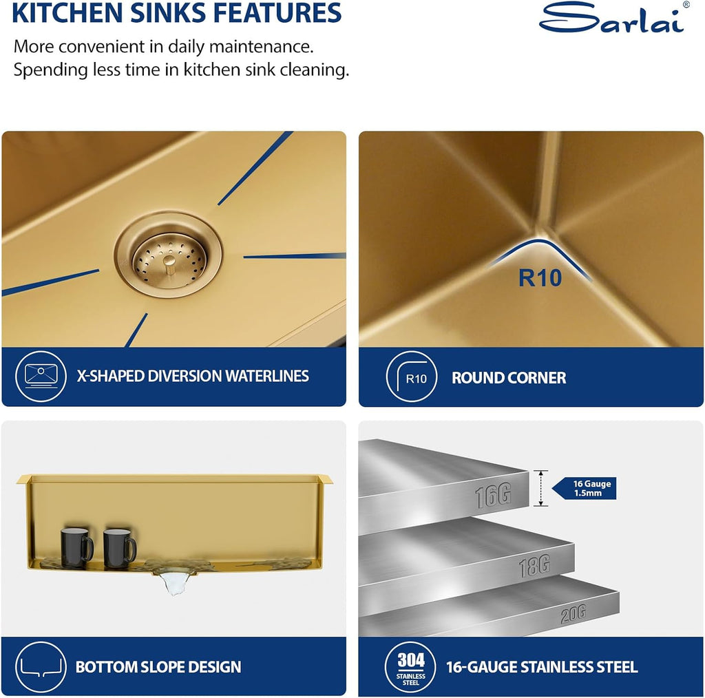 32 Gold Undermount Kitchen Sink 32" x19" Gold Sinks Workstation