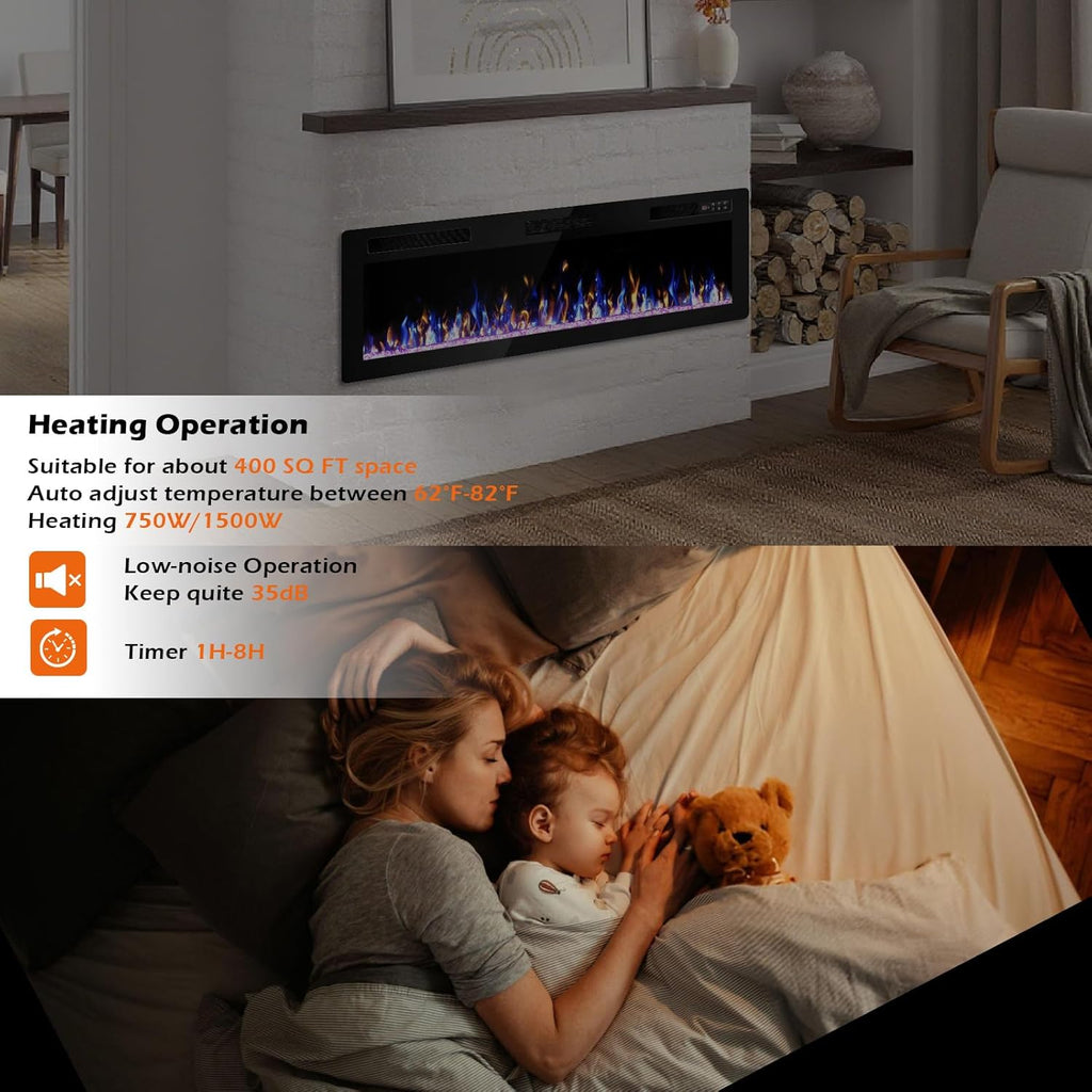 72 Inch Electric Fireplace, Ultra-Thin Fire Places Electric Fireplace Inserts Recessed and Wall Mounted with Remote
