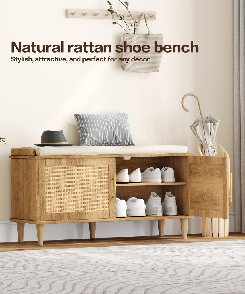 Rattan Shoe Storage Bench with Cushion, 2-Tier Entryway Bench with Adjustable Shelves and 2 Doors, 15" D x 39.4" W x