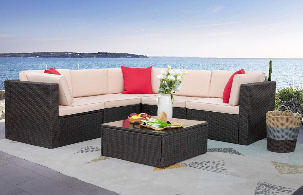 6 Pieces Furniture Outdoor Sectional Sofa All Weather PE Rattan Patio Conversation Set Manual Wicker Couch with Cushions and Glass Table, Beige A106-B08GZDKN59