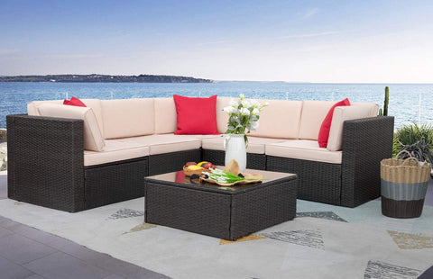 6 Pieces Furniture Outdoor Sectional Sofa All Weather PE Rattan Patio Conversation Set Manual Wicker Couch with Cushions and Glass Table, Beige A106-B08GZDKN59