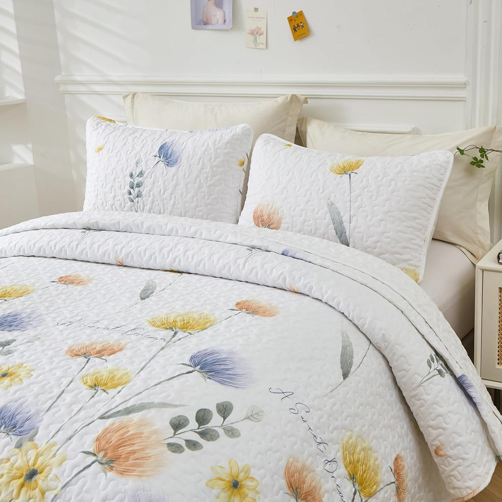 Floral Quilt Set 3 Pieces Blue & Yellow Quilts Bedding Set Bohemian Bedspread Bed Cover Lightweight Spring