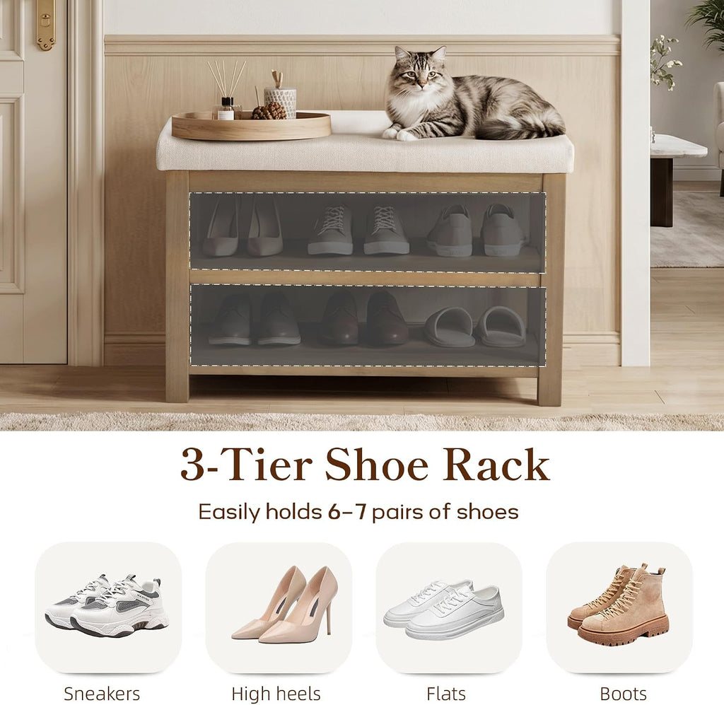 2 Tier Shoe Rack Bench with Cushion, Solid Wood Shoe Benches, Mid-Century Modern Shoe Storage Bench , Closet, Front