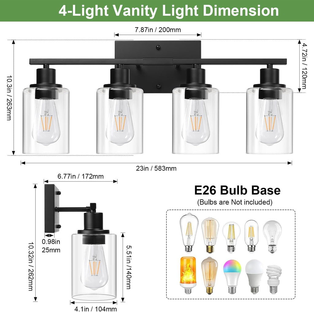 4-Light Bathroom Light Fixtures, Matte Black Modern Vanity Lights with Clear Glass Shades, Bathroom Wall Lamp for
