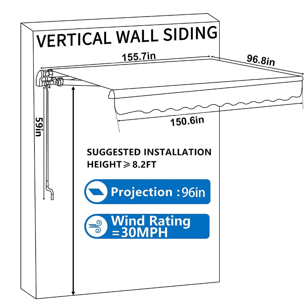 13' x 8' Retractable Patio Awning Sun Shade Cover with Manual Crank, Outdoor Shelter for Windows, Projection for