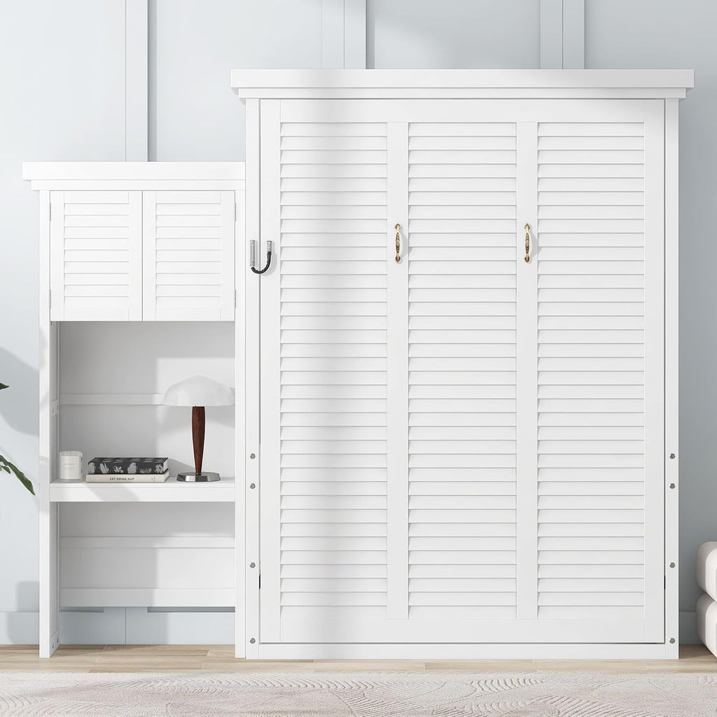 White Murphy Bed Queen with Shelves and Cabinet,Multifunctional Solid Wood Foldable Wall Bed with Louvered Style