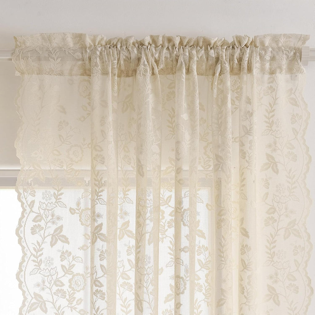 Beige Lace Curtains Rustic Leaf Floral 42 x 96 Inch, 2 Panels