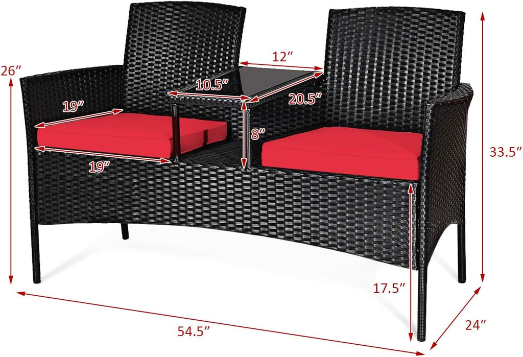 Wicker Patio Conversation Furniture Set, Outdoor Furniture Set with Removable Cushions & Table, Tempered Glass Top