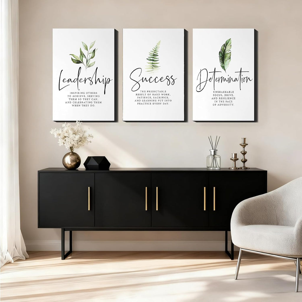 Set of 3 Framed Canvas Art - Motivational Office Wall Decor, Leadership/Success Quotes with Leaves, Inspirational