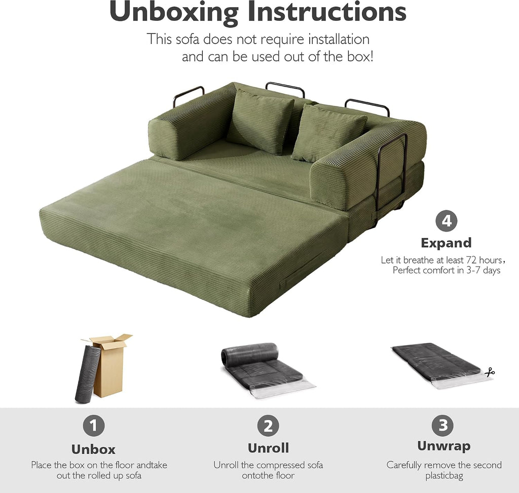 59in Boneless Couch Convertible Futon Sofa Bed Queen for Small Space | Corduroy Boneless Sleeper Sofa, Pull Out