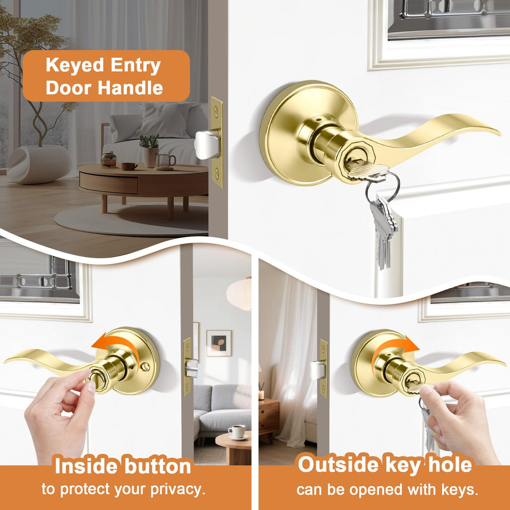 Door Handles Exterior Door Lock Set, Brass Gold Front Door Handle, Entry Door Lever Keyed Alike, 6 Pack