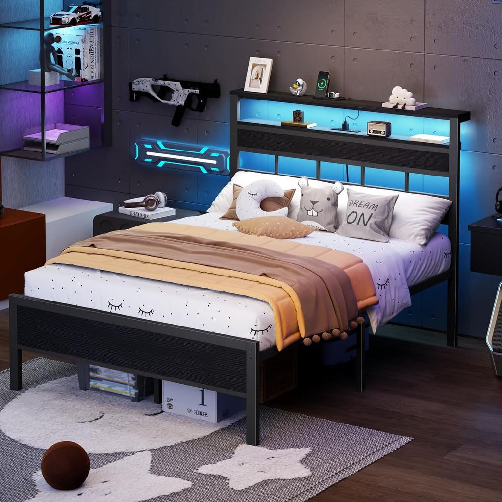 Full Bed Frame with LED Light and Charging Station, Wood Storage Headboard with 2-Tier Shelves