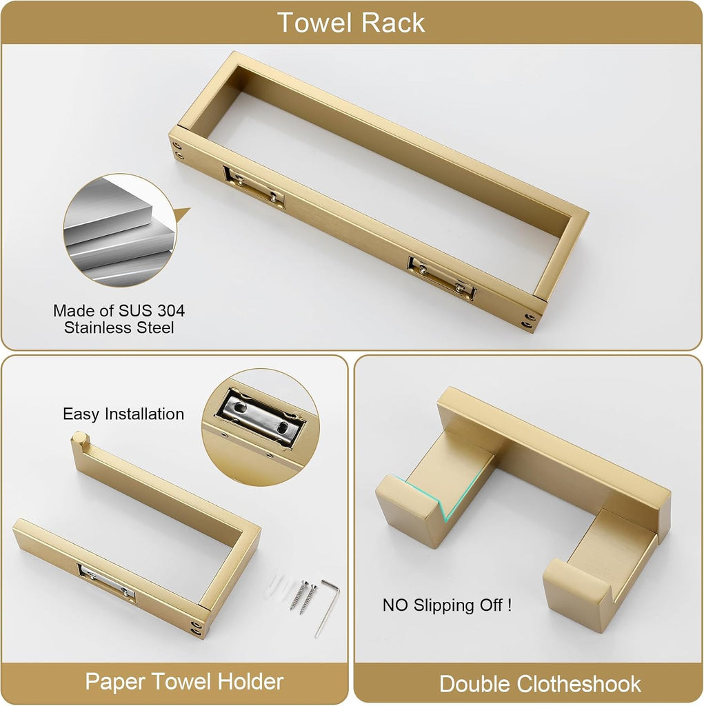 Brushed Gold Bathroom Accessories, Toilet Paper Holder, Towel Bar and Hook | 3 Pieces Bathroom Hardware Set, SUS304