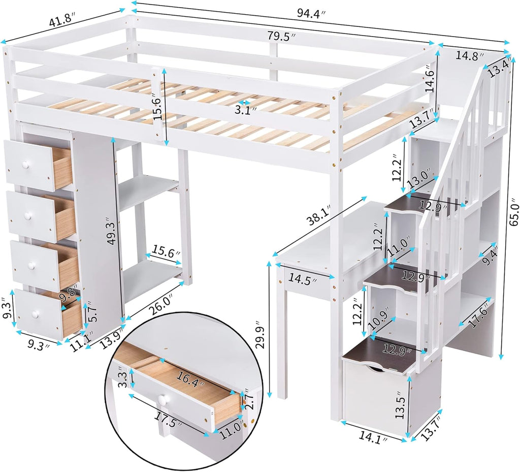Loft Bed Twin with Desk and Storage Stairs, Space-Saving Wood Bed Frame with Drawers and Shelves