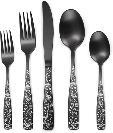 Matte Black Rose Flower Pattern Silverware Set for 8, 40-Piece Flatware set