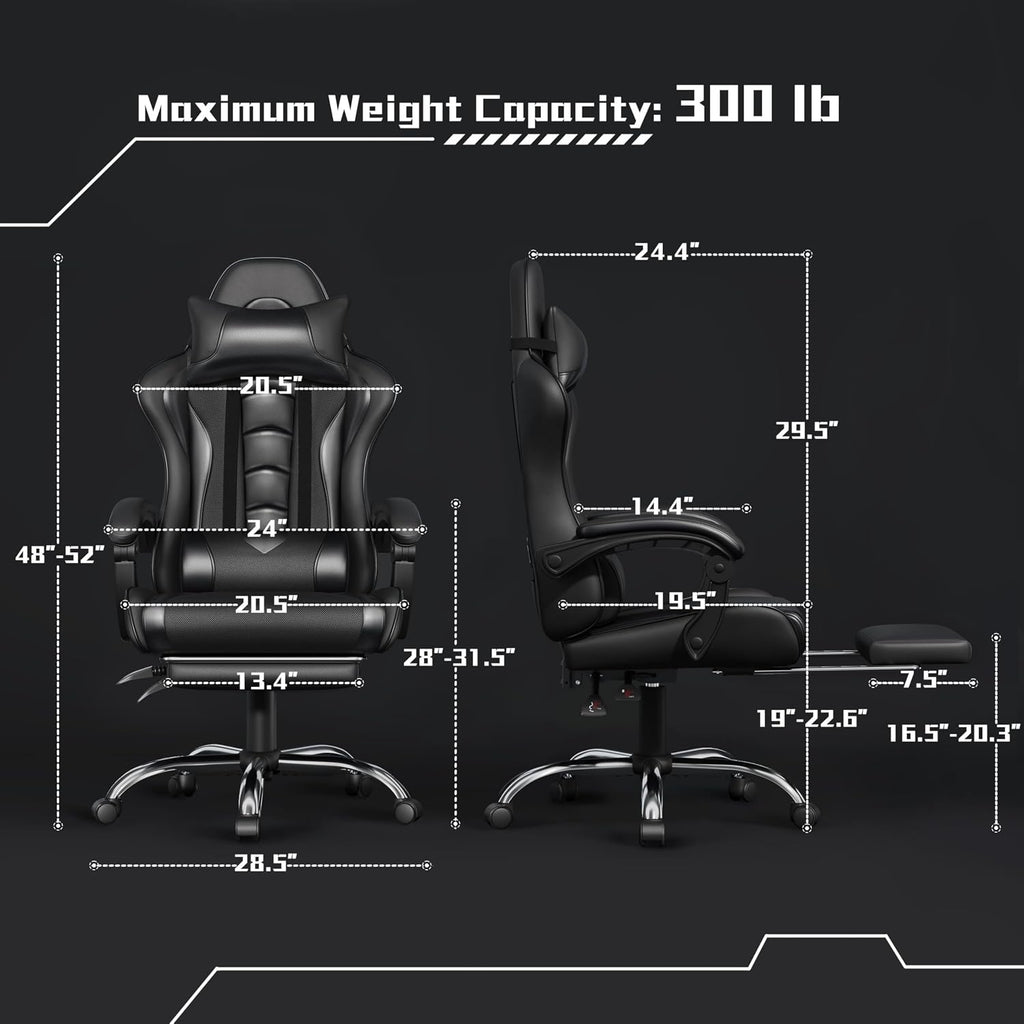 Gaming Chair with Footrest Massage Lumbar Pillow Reclining Black