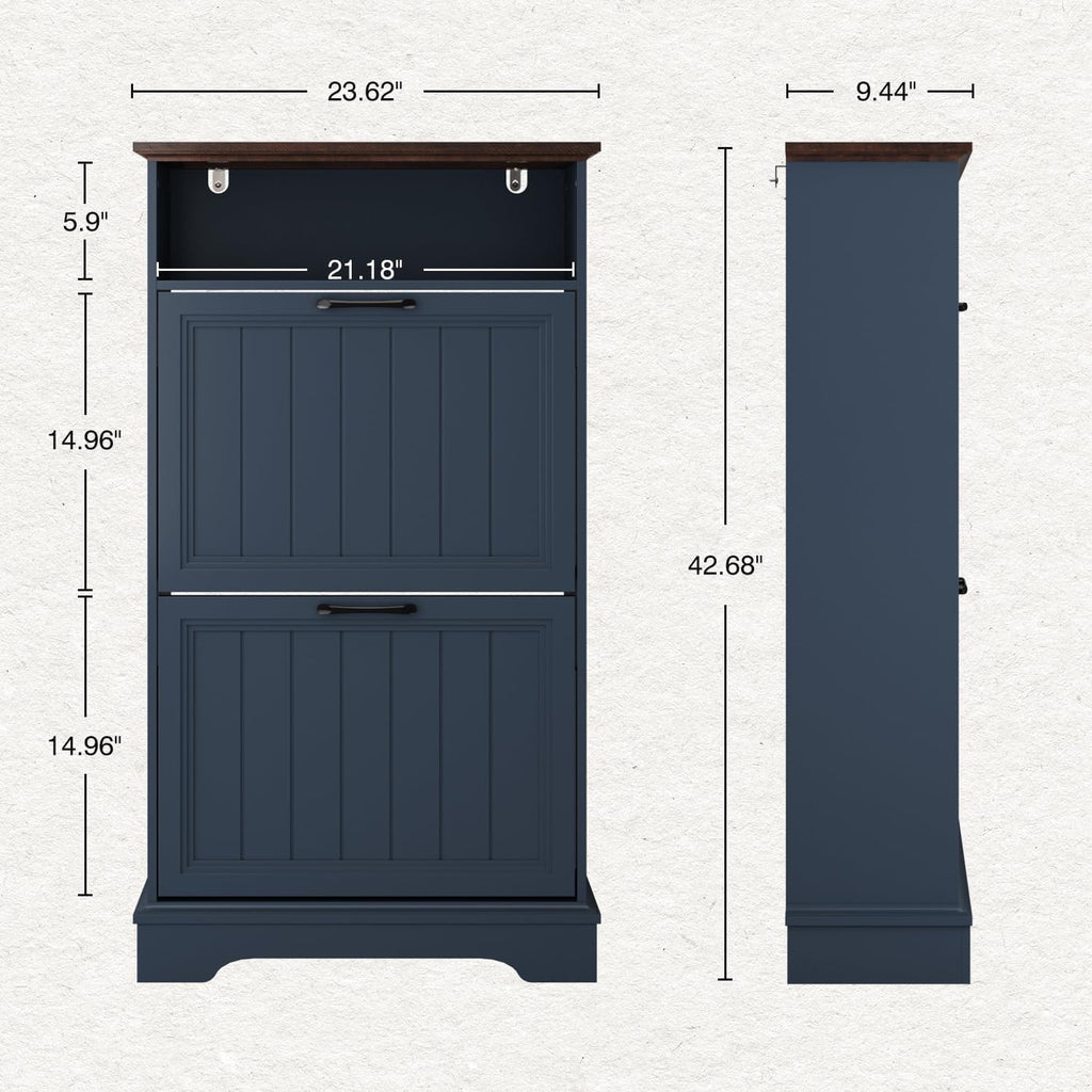 Shoe Storage Cabinet with 2 Flip Drawers, 24" W Farmhouse Modern Hidden Shoes Rack with Adjustable Shelves & Open