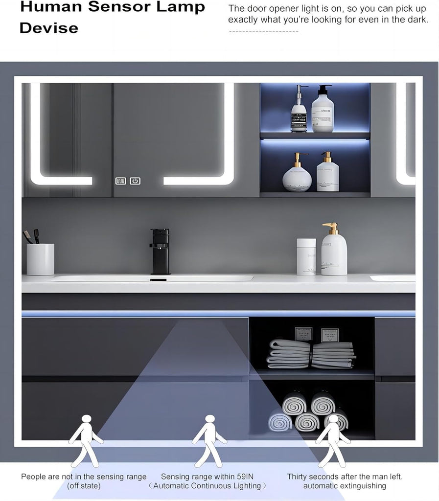 55IN Double Sink Vanity, 4 Drawers, Two LED Smart Touch Mirror Cabinets, Open Center Compartment, Body Sensor Lights