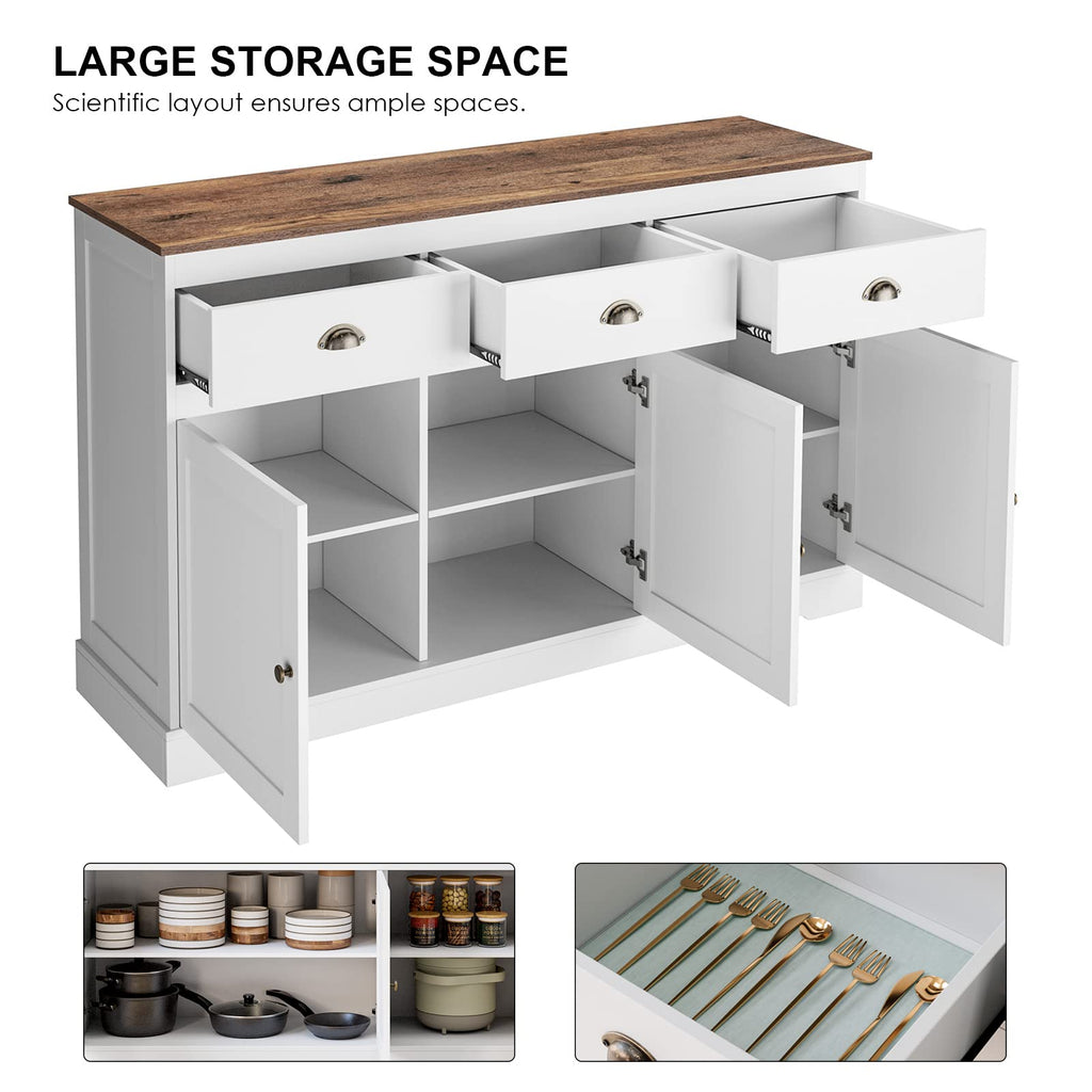 White Buffet Cabinet Storage Sideboard Farmhouse Server Bar Wine Cabinet with 3 Drawers & 3 Doors Adjustable Shelves