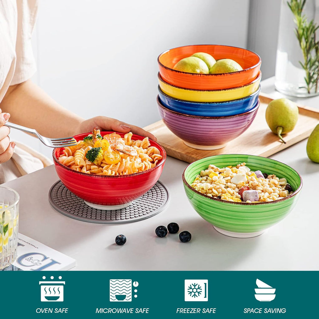 Bonita Cereal Bowls Set of 6-27 Oz Ceramic Soup Bowls, Microwave & Dishwasher Safe, 6 Inch Colorful Serving Bowls