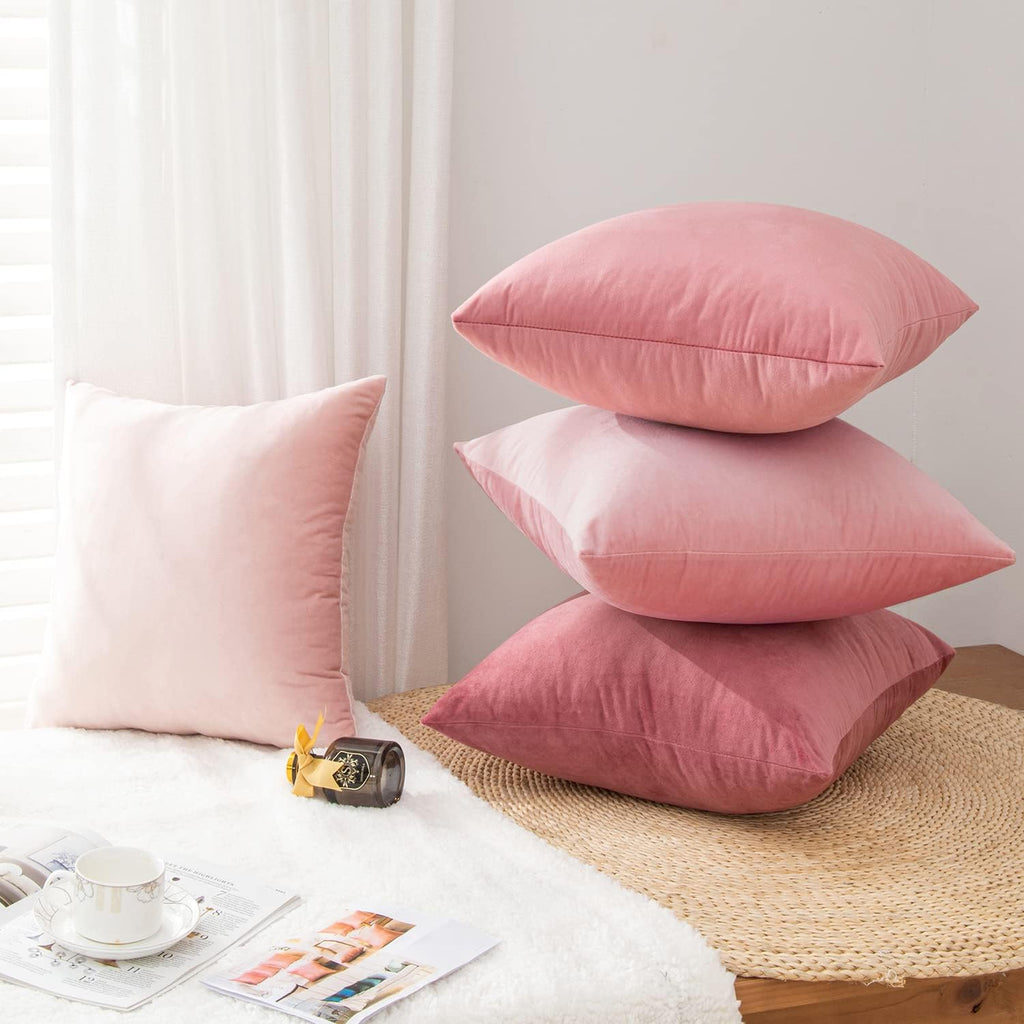 Velvet Decorative Throw Pillow Covers, Soft Square Cushion Case Home Decor, Set of 2 Pack, Pink, 18x18 Inch