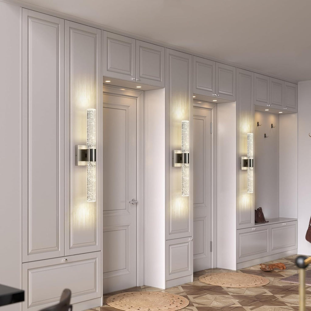 LED Wall Sconces Set of Two - 4000K Dimmable Crystal Bathroom Sconces Wall Lighting Indoor Brushed Nickel Vanity