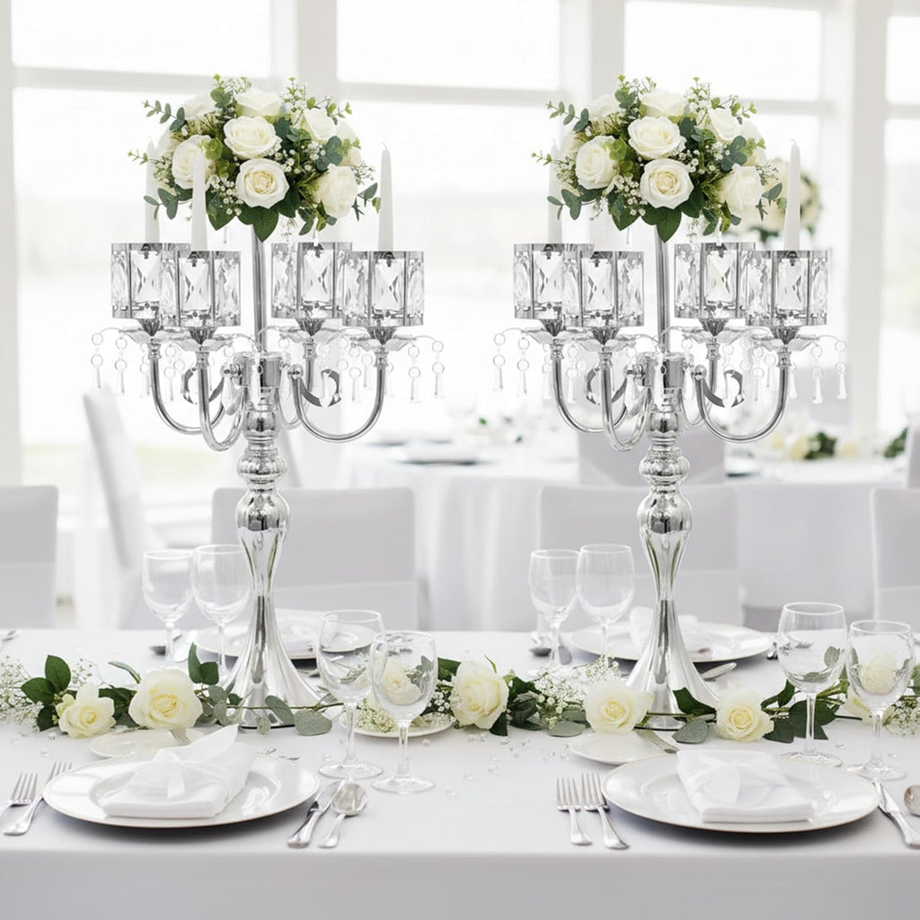 Silver Candelabra Centerpieces for Tables - 5 Arm Crystal Pendant Candle Holders, Elegant Metal Table Centerpieces
