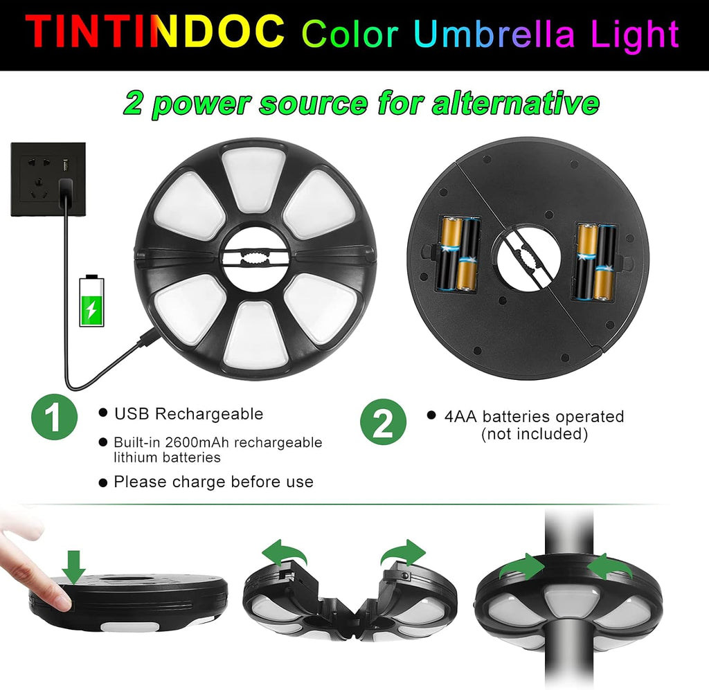 Color Umbrella Light with Remote, Outdoor/Patio Umbrella Light, Rechargeable/AA Battery, Umbrella Pole Light, 300Lumen