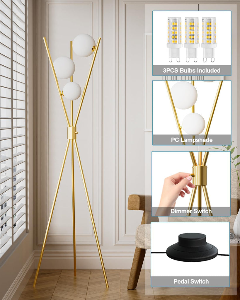Tripod Floor Lamp Stepless Dimmable Globe Modern Floor Lamp Gold Standing Lamps with Stable Base& 3PCS 3000K Bulbs