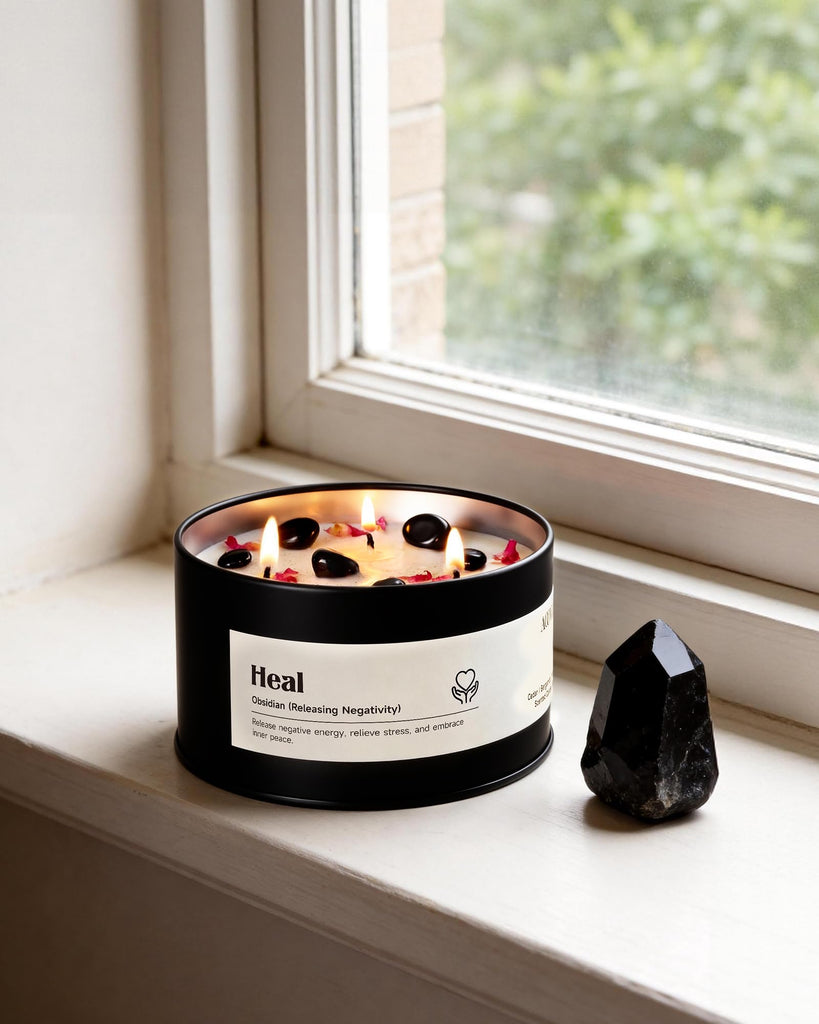 Obsidian Crystal Candle - 12oz Heal Candle for Releasing Negativity