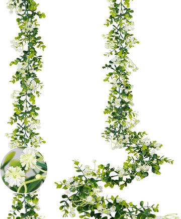 6FT Eucalyptus Garland with Flowers, 2 Pack Artificial Greenery Garland Hanging Summer Eucalyptus Garland Suitable - Set of 2