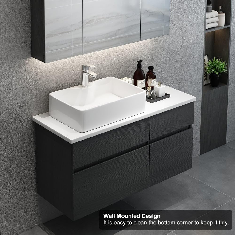 Bathroom Vanity Floating Bathroom Sink Cabinet with Ceramic Vessel Sink Wall Mounted Floating Vanity (Black & White