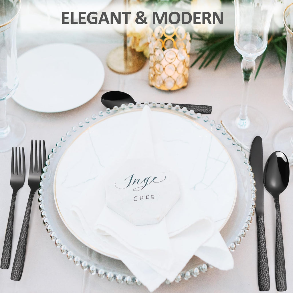 20 Piece Black Modern Flatware Set Hammered Silverware Set Stainless Steel Fine Vintage Dining Cutlery Utensil Set