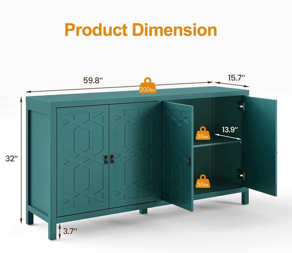 Buffet Cabinet with Storage, 60" W Modern Coffee Bar Sideboard with 4 Doors & Adjustable Shelves