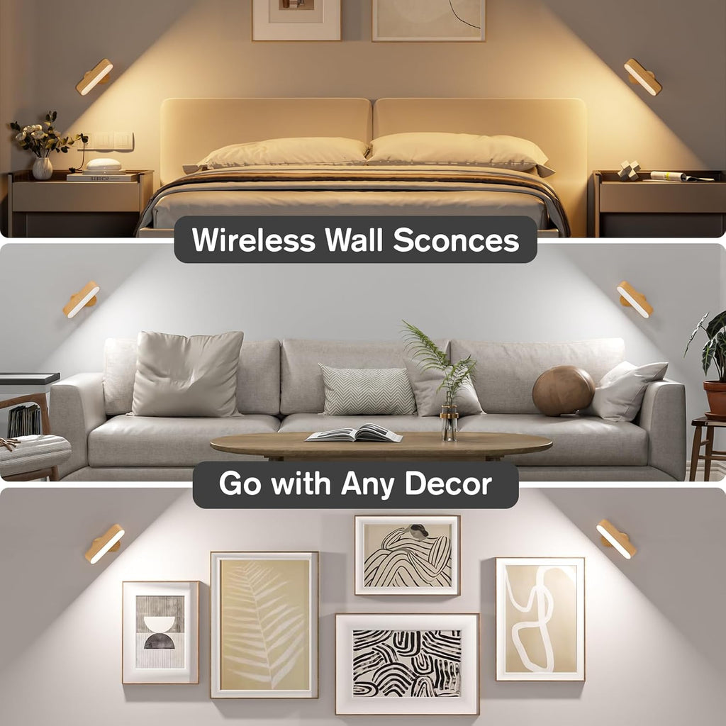 Battery Operated Wall Sconces, Wireless LED Wall Sconce Set of Two for Bedroom, Rechargeable Wall Lights for Picture