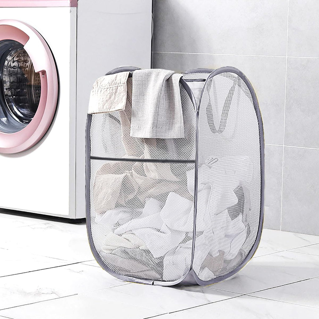 2 Pcs Popup Laundry Baskets, Collapsible Gray Mesh Clothes Hampers