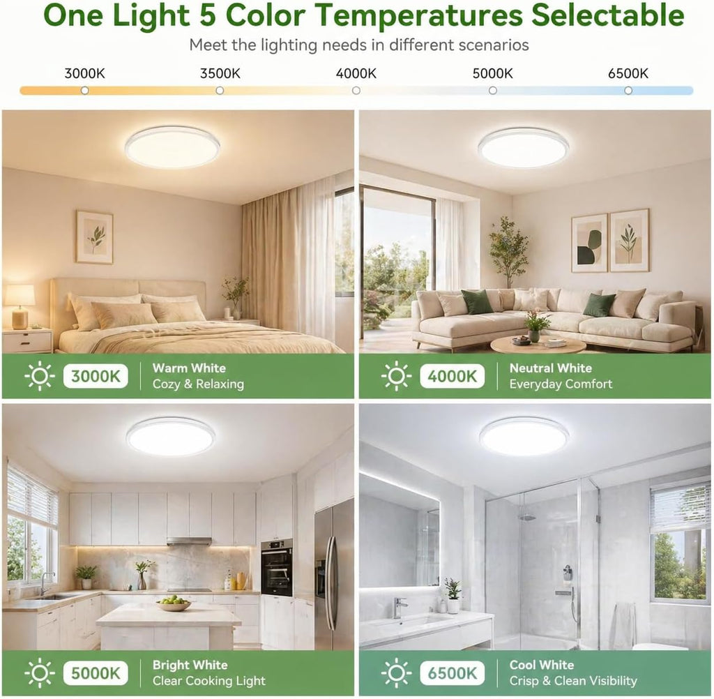 6Pack 12-Inch LED Flush Mount Ceiling Lights, 24W 3200Lumens 5 CCT Adjustable (3000K-6500K), Round Bright Light