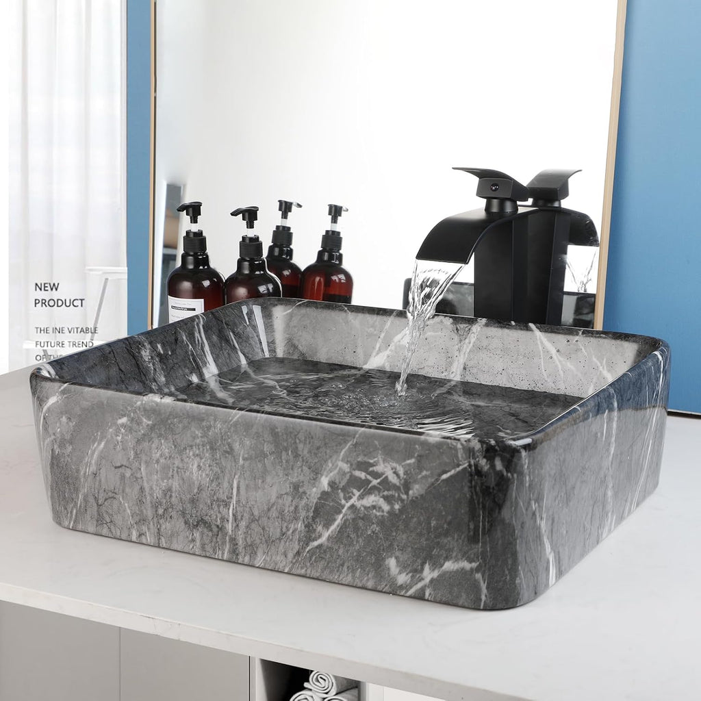 Black Marble Bathroom Vessel Sink With Faucet and Drain 19x15 Inch Rectangular Ceramic Sink Marbling Basin Bowls Above
