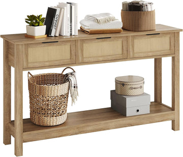 Rattan Console Table 3-Drawer 47" Narrow Wood Entryway Sofa Table | Trendy Boho Hallway Foyer Storage, Open Shelf