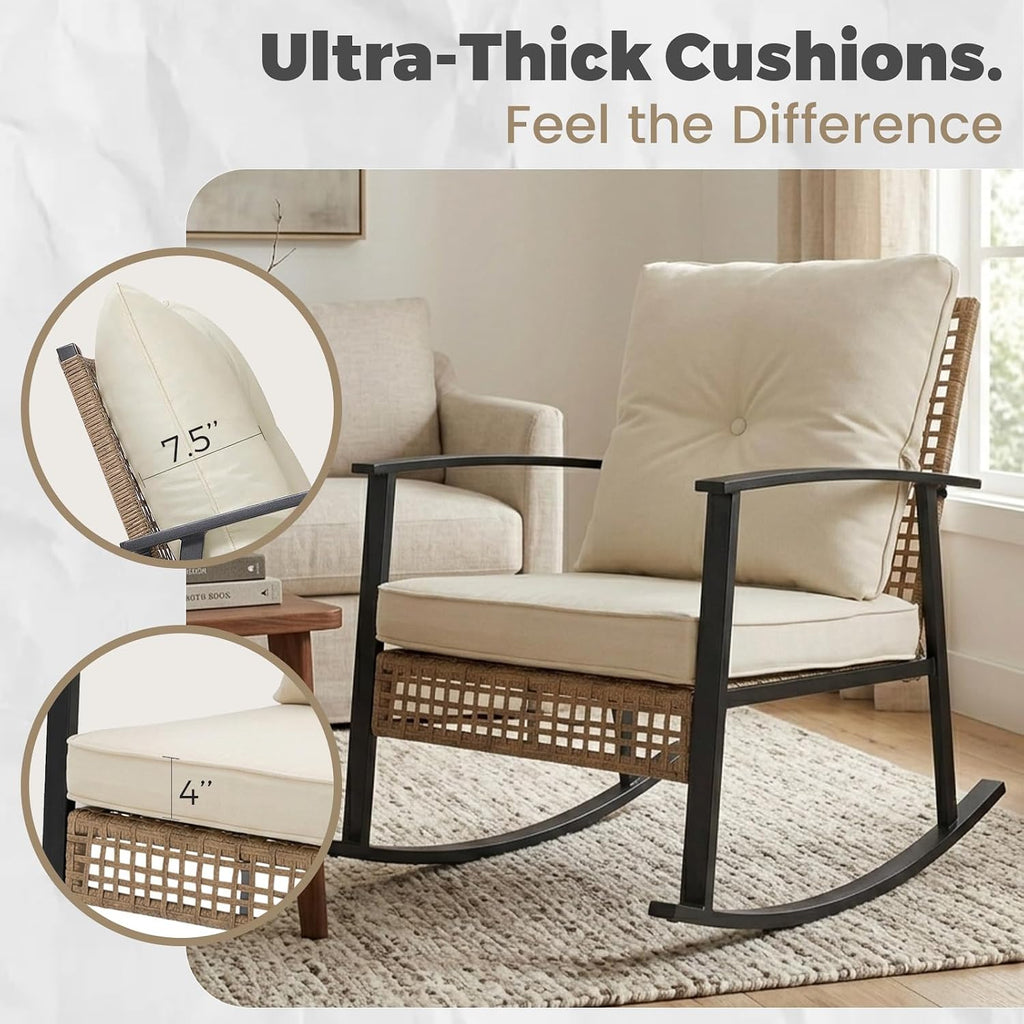 Outdoor Rocking Chairs Set of 2, 3-Piece Bistro Patio Furniture Set with Thick Cushions, Wicker Rocking Chair &
