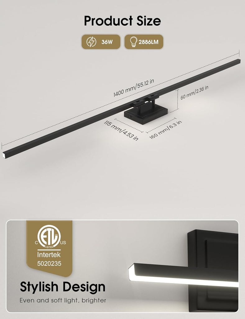 Modern Bathroom Vanity Light 55 inch, Rotatable, 36W Dimmable 5CCT Led Bathroom Light Fixture Over Mirror, Black Bar
