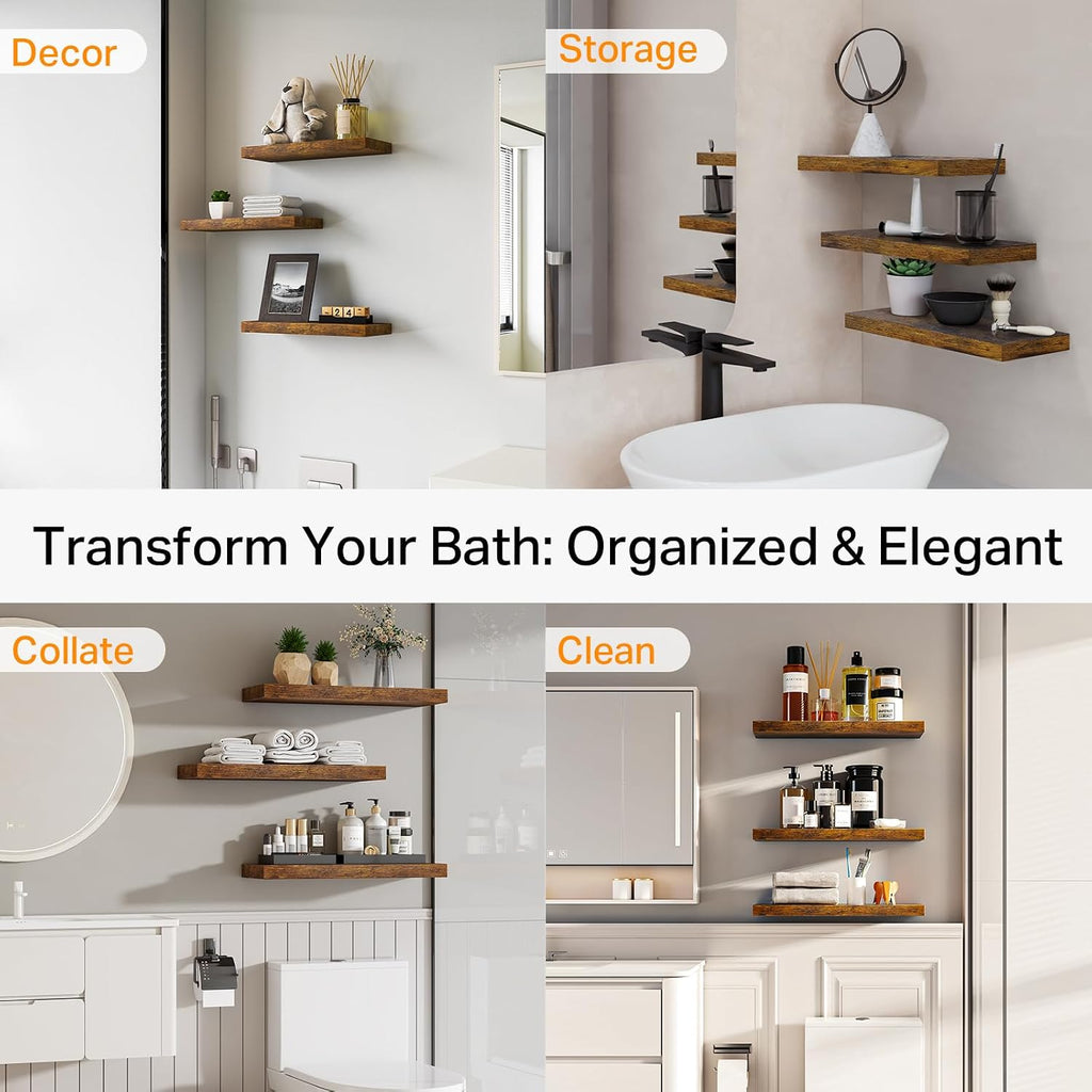 Rustic Brown Bathroom Floating Shelves, 15.7in, 3Pk, Wall Mount Shelf | 22lbs Max Load, Hidden Bracket, Bedroom