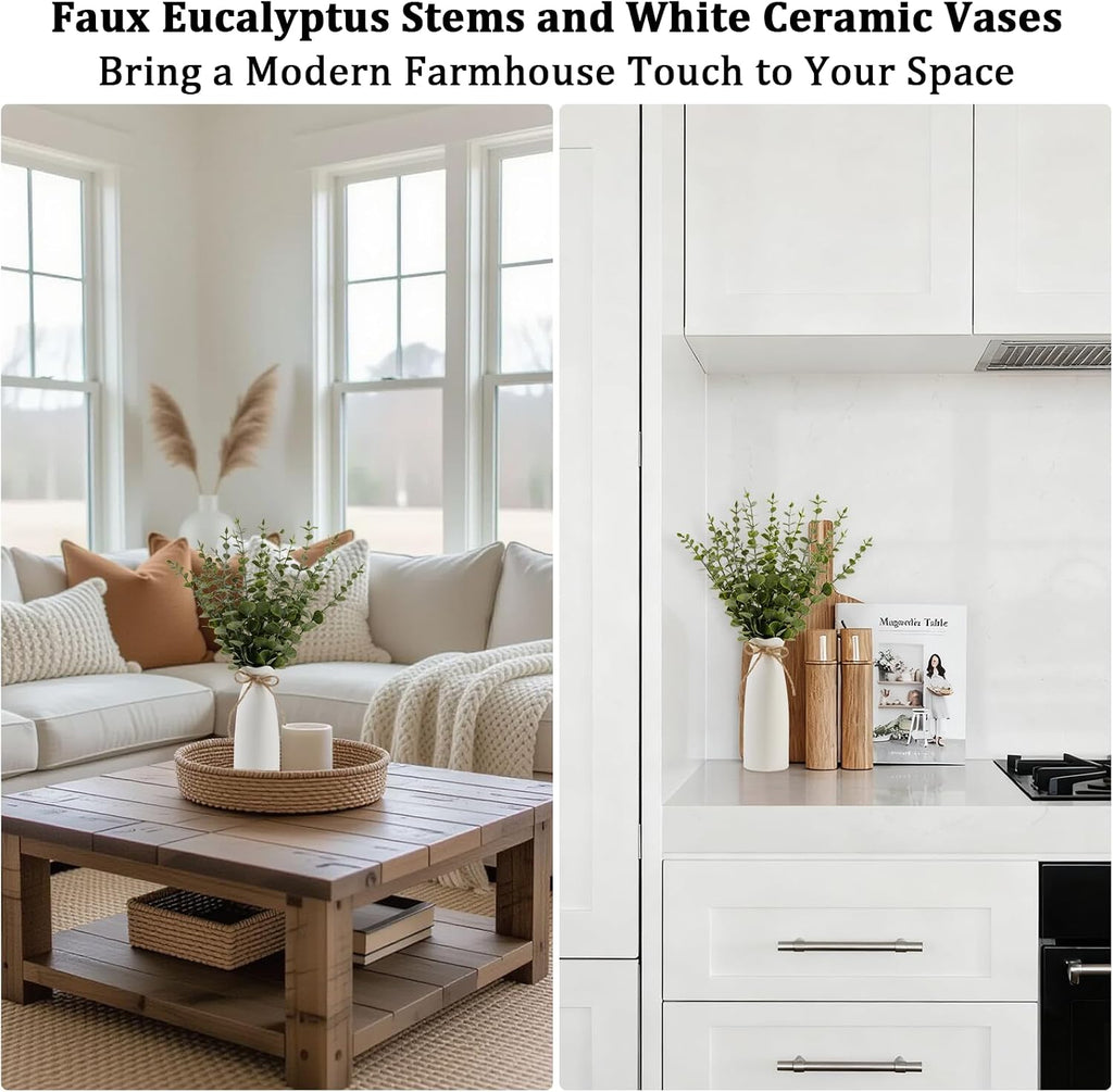 19" Fake Plants with Vase,40 Faux Eucalyptus Stems 2 White Ceramic Vases Realistic Artificial Plants indoor