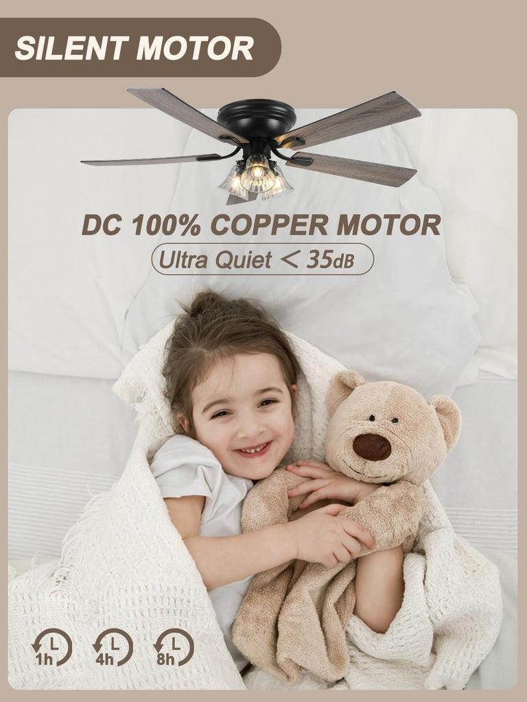 52 Inch Flush Mount Farmhouse Ceiling Fans with Lights and Remote Control
