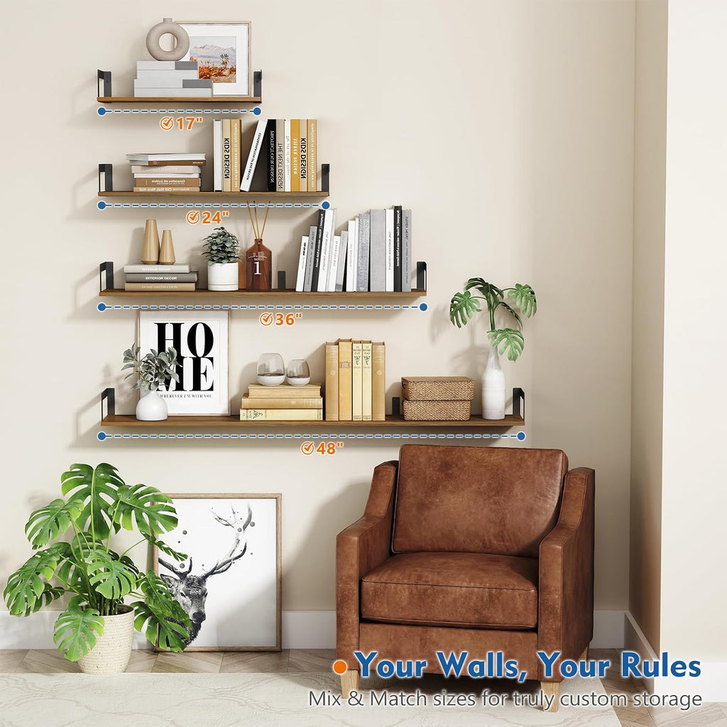 Floating Book Shelves for Wall Set of 3, 17 x 8 Inch Deep Wooden Wall Bookshelf Office, Rustic Wood Hanging Wall
