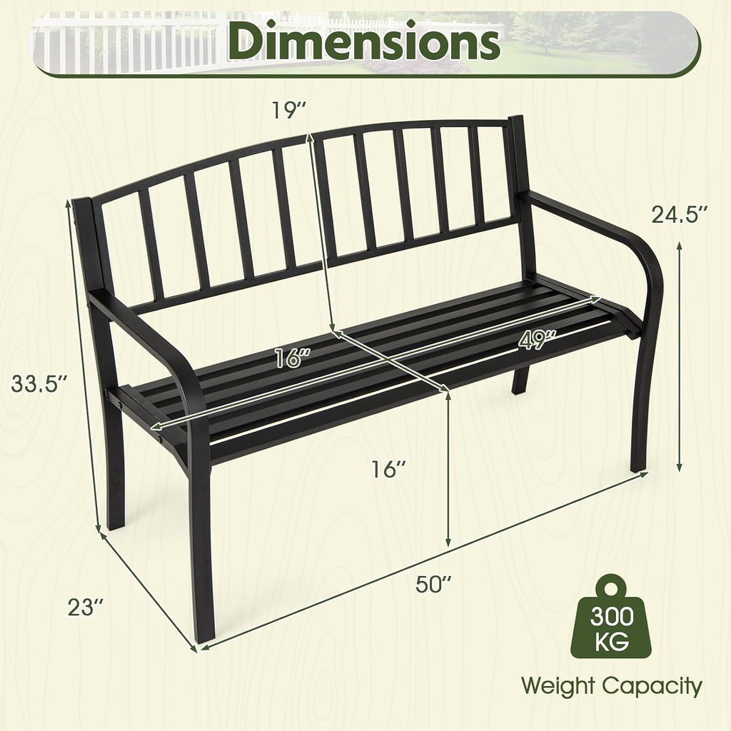 Metal Outdoor Bench, Patio Garden Bench with Backrest, Curved Armrests, Slatted Seat for 2-3 Persons, 660 LBS